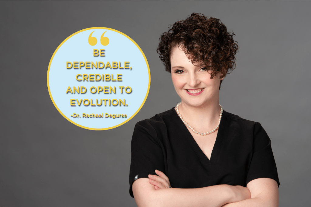 Dr. Rachael Degurse Colorado Springs Med Spa Provider Pearl arms cross quote about being open to evolution