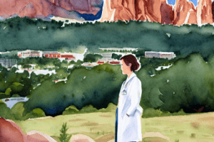 Watercolor painting of doctor in front of garden of gods