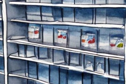 Watercolor painting of pharmacy shelves nearly empty due to ozempic supply issues