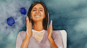 Watercolor painting of woman excited to be in chair at Pearl Skin & Body Rejuvenation Colorado Springs Med Spa