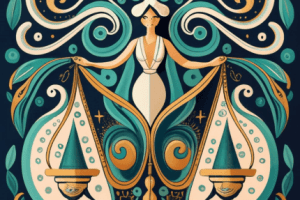 Create an Art Nouveau-style illustration that embodies the ethical considerations in medical aesthetics. Feature elegant, flowing lines and natural motifs to frame a balanced scale, symbolizing the ethical balance in cosmetic procedures.
