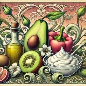 Surreal Art Nouveau illustration featuring olive oil, kiwis, bell peppers, avocados, and yogurt with flowing botanical patterns and organic shapes in soft CMYK tones.