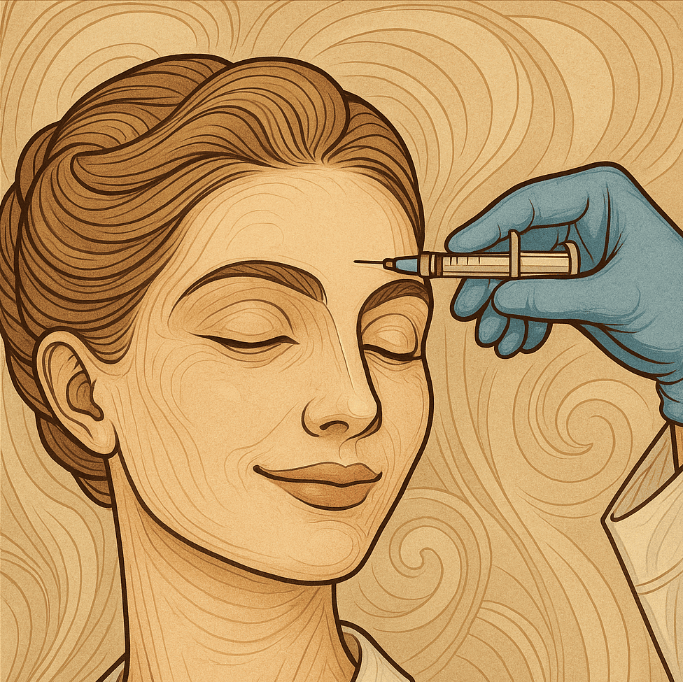 Art Nouveau-style digital illustration of a woman receiving a forehead injection, smiling with eyes closed, blue-gloved hand holding syringe, tranquil and elegant aesthetic
